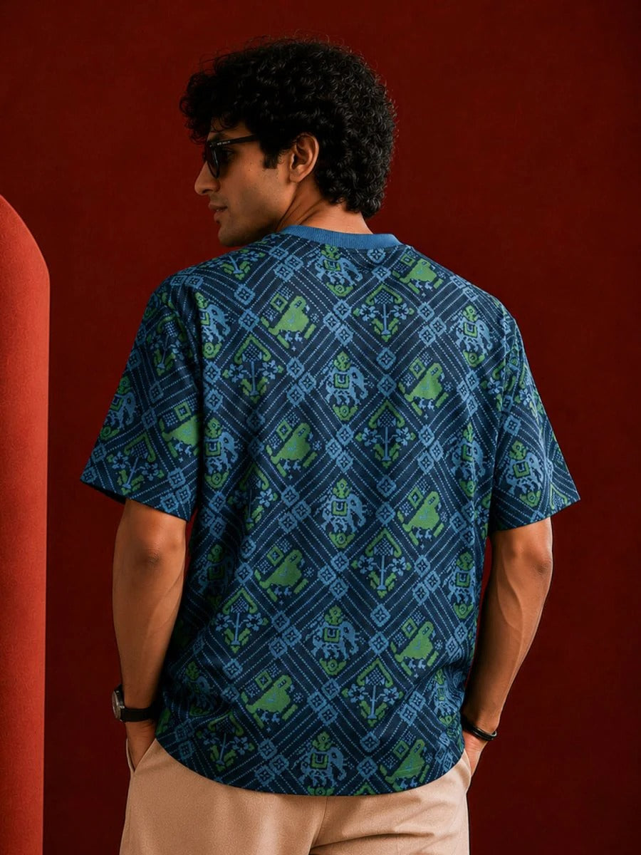 Teezyy Oversized Regal Lion Patola Print Premium Cotton T-Shirt for Men | All Over Graphic Print | Relaxed Fit | Heavy GSM | Round Neck | Half Sleeve | Streetwear Casual Fashion | Navy Blue | XS to 6XL