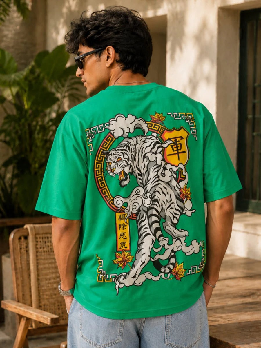 Teezyy Oversized White Tiger Claw Graphic Printed Premium Cotton T-Shirt for Men | Relaxed Fit | Heavy GSM | Round Neck | Half Sleeve | Streetwear Casual Oversized Tee | Green | XS to 6XL