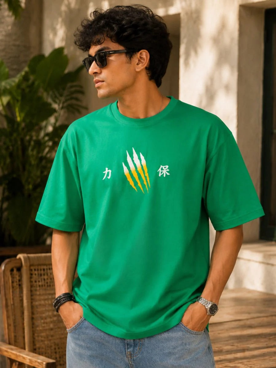 Teezyy Oversized White Tiger Claw Graphic Printed Premium Cotton T-Shirt for Men | Relaxed Fit | Heavy GSM | Round Neck | Half Sleeve | Streetwear Casual Oversized Tee | Green | XS to 6XL