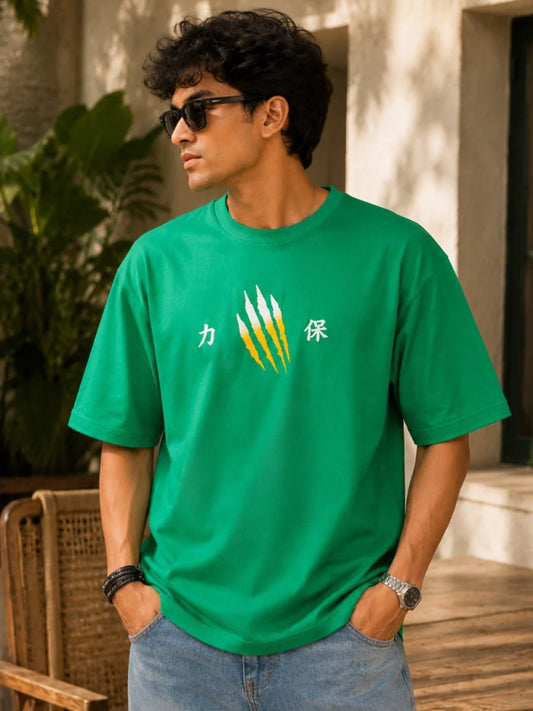 Teezyy Oversized White Tiger Claw Graphic Printed Premium Cotton T-Shirt for Men | Relaxed Fit | Heavy GSM | Round Neck | Half Sleeve | Streetwear Casual Oversized Tee | Green | XS to 6XL
