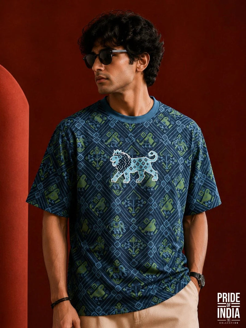 Teezyy Oversized Regal Lion Patola Print Premium Cotton T-Shirt for Men | All Over Graphic Print | Relaxed Fit | Heavy GSM | Round Neck | Half Sleeve | Streetwear Casual Fashion | Navy Blue | XS to 6XL