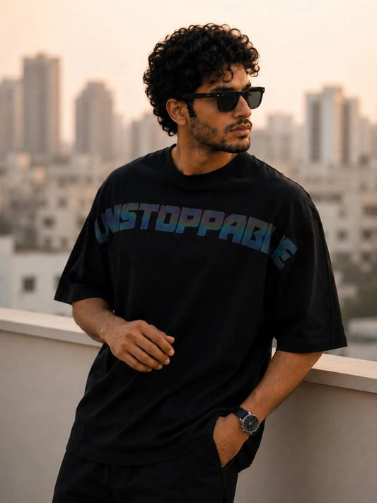 Teezyy Oversized Unstoppable Reflective Graphic Printed Premium Cotton T-Shirt for Men | Heavy GSM | Relaxed Fit | Round Neck | Half Sleeve | Streetwear Casual Oversized Tee | Black | XS to 6XL