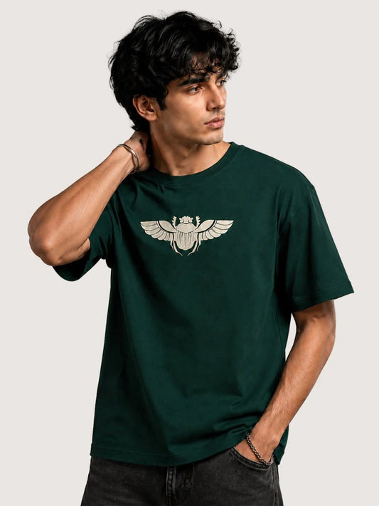 Teezyy Oversized Egyptian Scarab Graphic Printed Premium Cotton T-Shirt for Men | Heavy GSM | Relaxed Fit | Round Neck | Half Sleeve | Minimal Streetwear Casual Tee | Dark Green | XS to 6XL