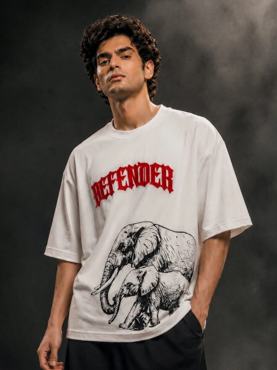 Teezyy Oversized Defender Elephant Graphic Printed Premium Cotton T-Shirt for Men | Heavy GSM | Relaxed Fit | Round Neck | Half Sleeve | Streetwear Casual Oversized Tee | White | XS to 6XL
