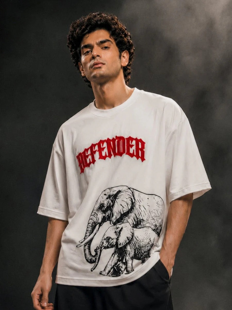 Teezyy Oversized Defender Elephant Graphic Printed Premium Cotton T-Shirt for Men | Heavy GSM | Relaxed Fit | Round Neck | Half Sleeve | Streetwear Casual Oversized Tee | White | XS to 6XL