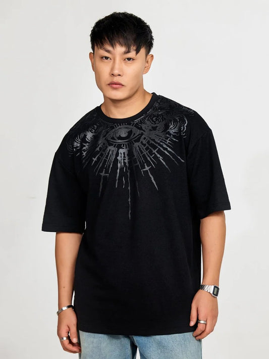 Teezyy Oversized Medusa Eye Graphic Printed Premium Cotton T-Shirt for Men | Heavy GSM | Relaxed Fit | Round Neck | Half Sleeve | Gothic Streetwear Casual Tee | Black | XS to 6XL