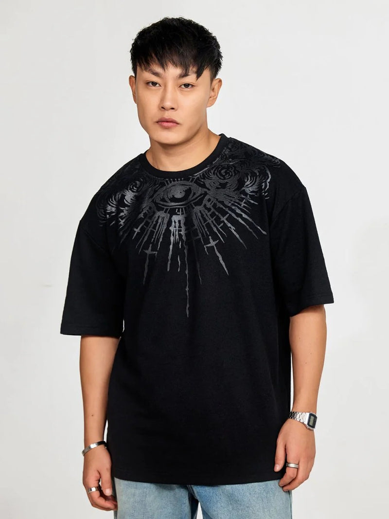 Teezyy Oversized Medusa Eye Graphic Printed Premium Cotton T-Shirt for Men | Heavy GSM | Relaxed Fit | Round Neck | Half Sleeve | Gothic Streetwear Casual Tee | Black | XS to 6XL