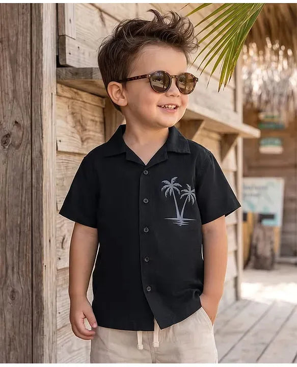 Premium Boys Black Half Sleeve Tropical Print Casual Cotton Shirt