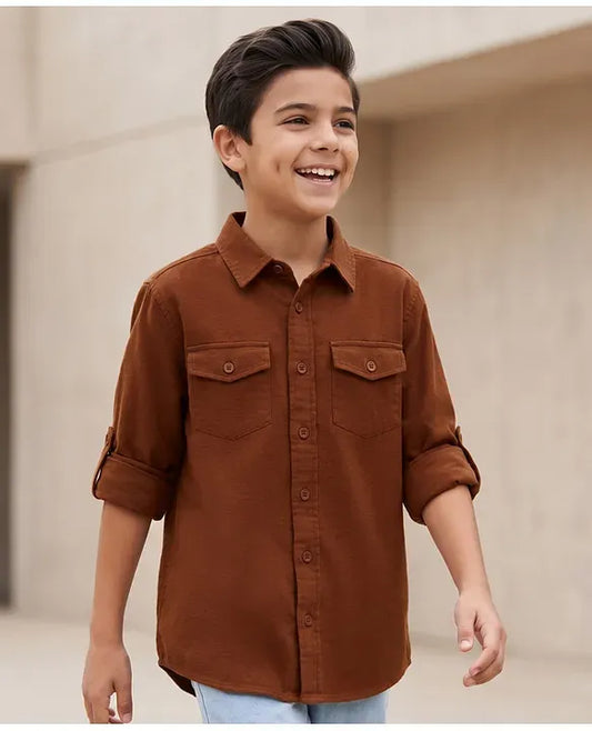 Premium Boys Brown Full Sleeve Casual Cotton Shirt with Dual Flap Pockets