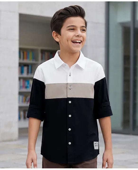Premium Boys White & Black Color Block Full Sleeve Cotton Casual Shirt