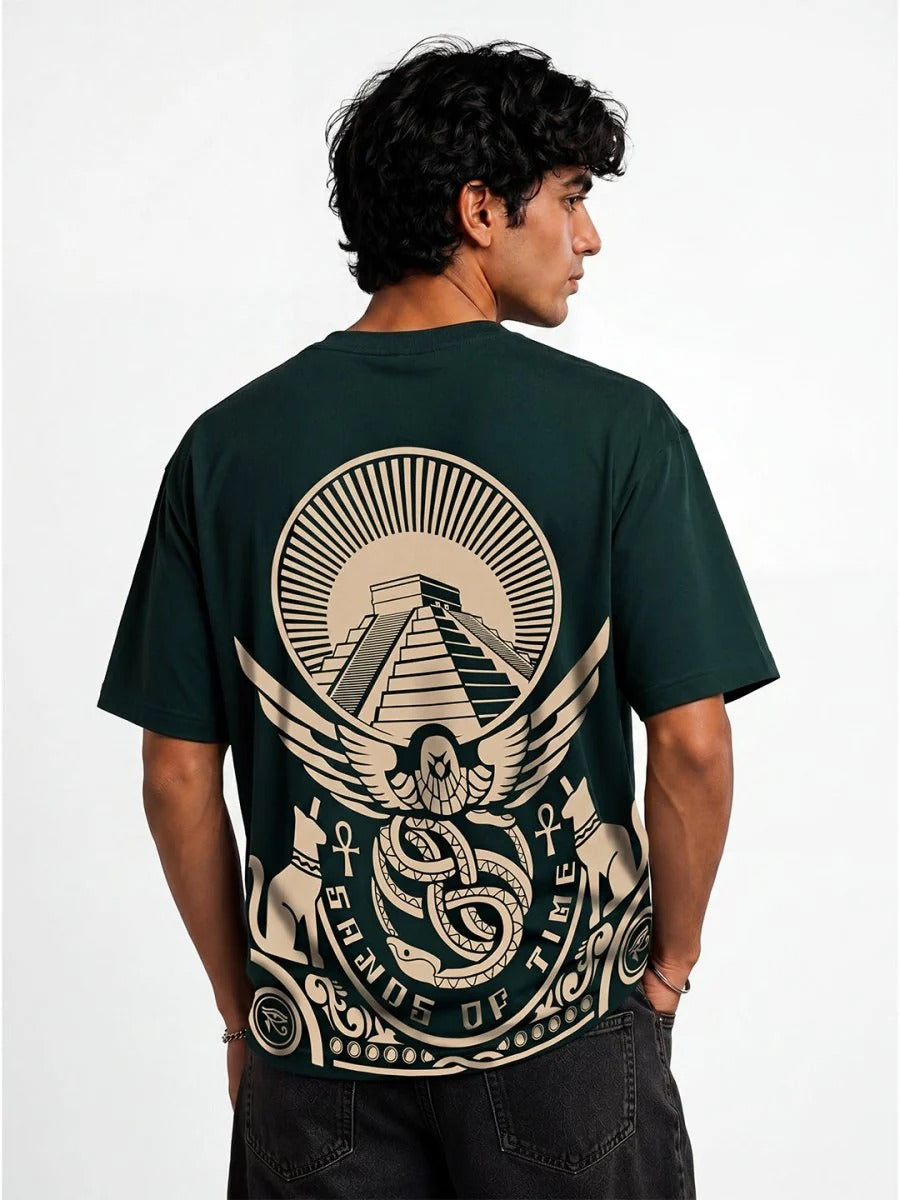Teezyy Oversized Egyptian Scarab Graphic Printed Premium Cotton T-Shirt for Men | Heavy GSM | Relaxed Fit | Round Neck | Half Sleeve | Minimal Streetwear Casual Tee | Dark Green | XS to 6XL