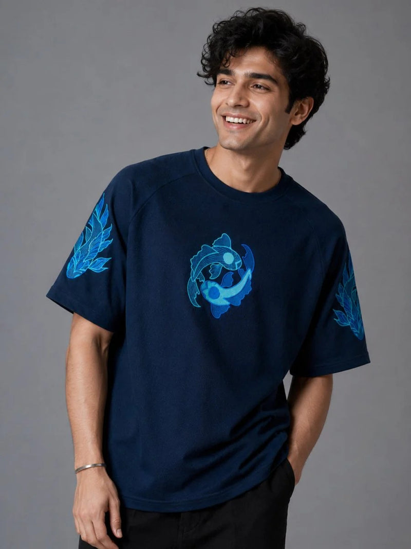 Teezyy Oversized Koi Fish Graphic Printed Premium Cotton T-Shirt for Men | Heavy GSM | Relaxed Fit | Round Neck | Half Sleeve | Japanese Inspired Streetwear | Navy Blue | XS to 6XL