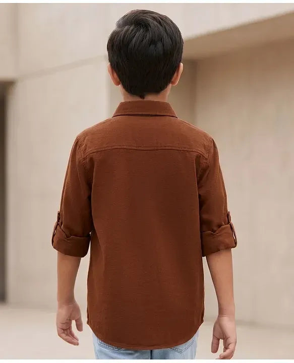 Premium Boys Brown Full Sleeve Casual Cotton Shirt with Dual Flap Pockets