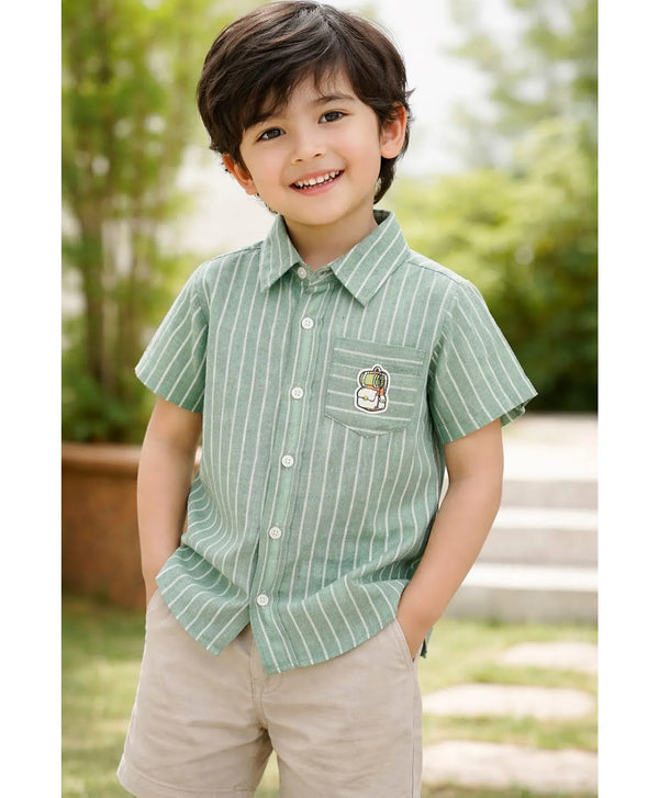 Premium Kids Green Striped Half Sleeve Cotton Casual Shirt